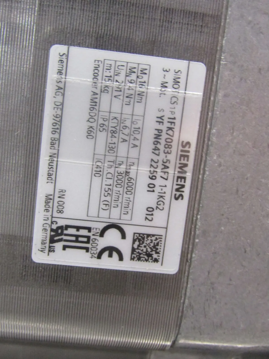 Share Siemens Servo Motor IP65, 3000 rpm, Sinamics S110/S120 - PN: 1FK7083-5AF7